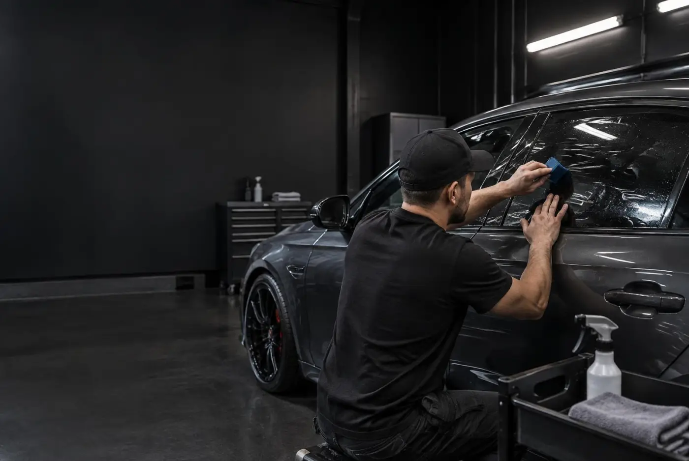 Slime Tint installer applying window film